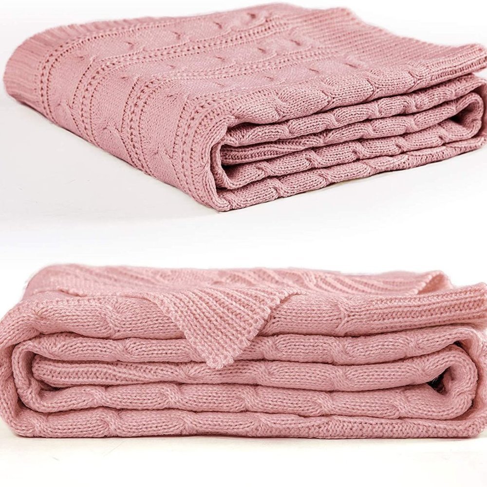 Pink Cozy Knit Cable Knit Weave Pattern Decorative Bed Warm Accent Couch Blanket - Picture 5 of 8